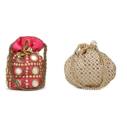 Combo - Designer Embroidered Potli Bag - Red & Golden