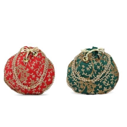 Combo - Designer Embroidered Potli Bag - Red & Green